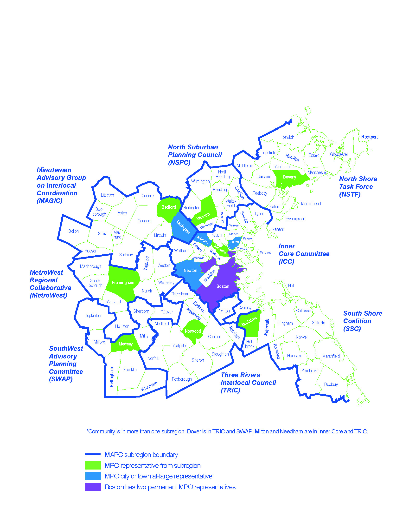 Figure 4 is a map outlining the Boston Region MPO area and MAPC subregions. The subregions are denoted by a thick blue outline, and consist of: North Suburban Planning Council, North Shore Task Force, Inner Core Committee, South Shore Coalition, Three Rivers Interlocal Council, SouthWest Advisory Planning Committee, MetroWest Regional Collaborative, and Minuteman Advisory Group on Interlocal Coordination. The community in each subregion that currently has a seat on the MPO is highlighted in green. They include Woburn for the North Suburban Planning Council; Beverly for the North Shore Task Force; Somerville for the Inner Core Committee; Braintree for the South Shore Coalition; Norwood for the Three Rivers Interlocal Council; Medway for the SouthWest Advisory Planning Committee; Framingham for the MetroWest Regional Collaborative, and Bedford for Minuteman Advisory Group on Interlocal Coordination. The At-Large cities (Everett and Newton) and towns (Arlington and Lexington) that have seats on the MPO are highlighted in blue. The City of Boston, which has two permanent seats on the MPO, is highlighted in purple. Two communities fall into more than one subregion. Dover is included in both the Three Rivers Interlocal Council and the Southwest Advisory Planning Committee, and Milton and Needham are included in both the Inner Core Committee and the Three Rivers Interlocal Council. 